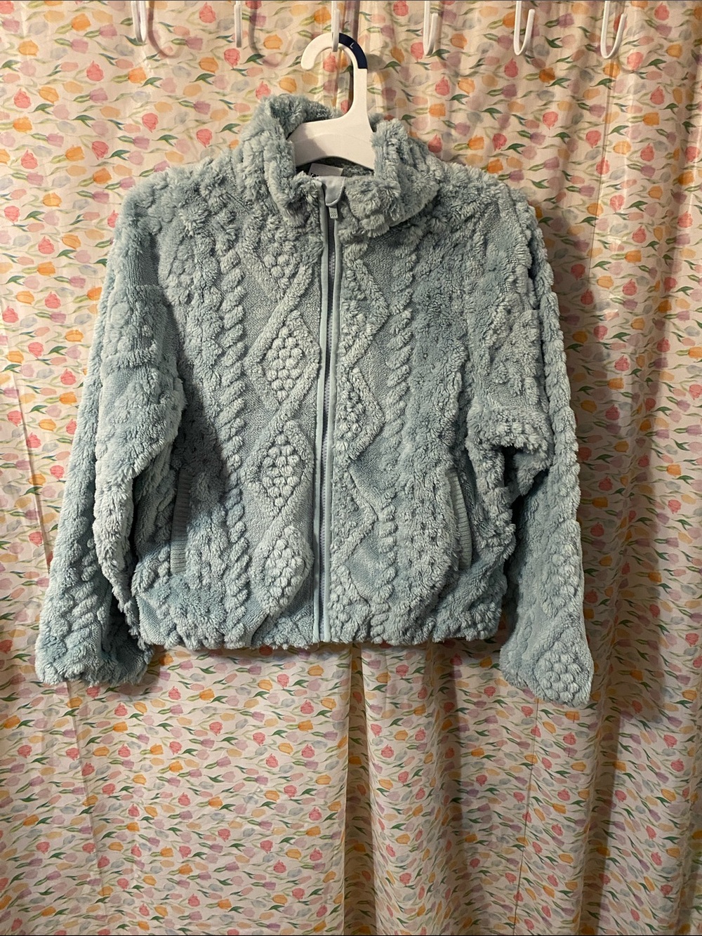 Plush Textured Zip-Up Jacket in Light Teal Blue
